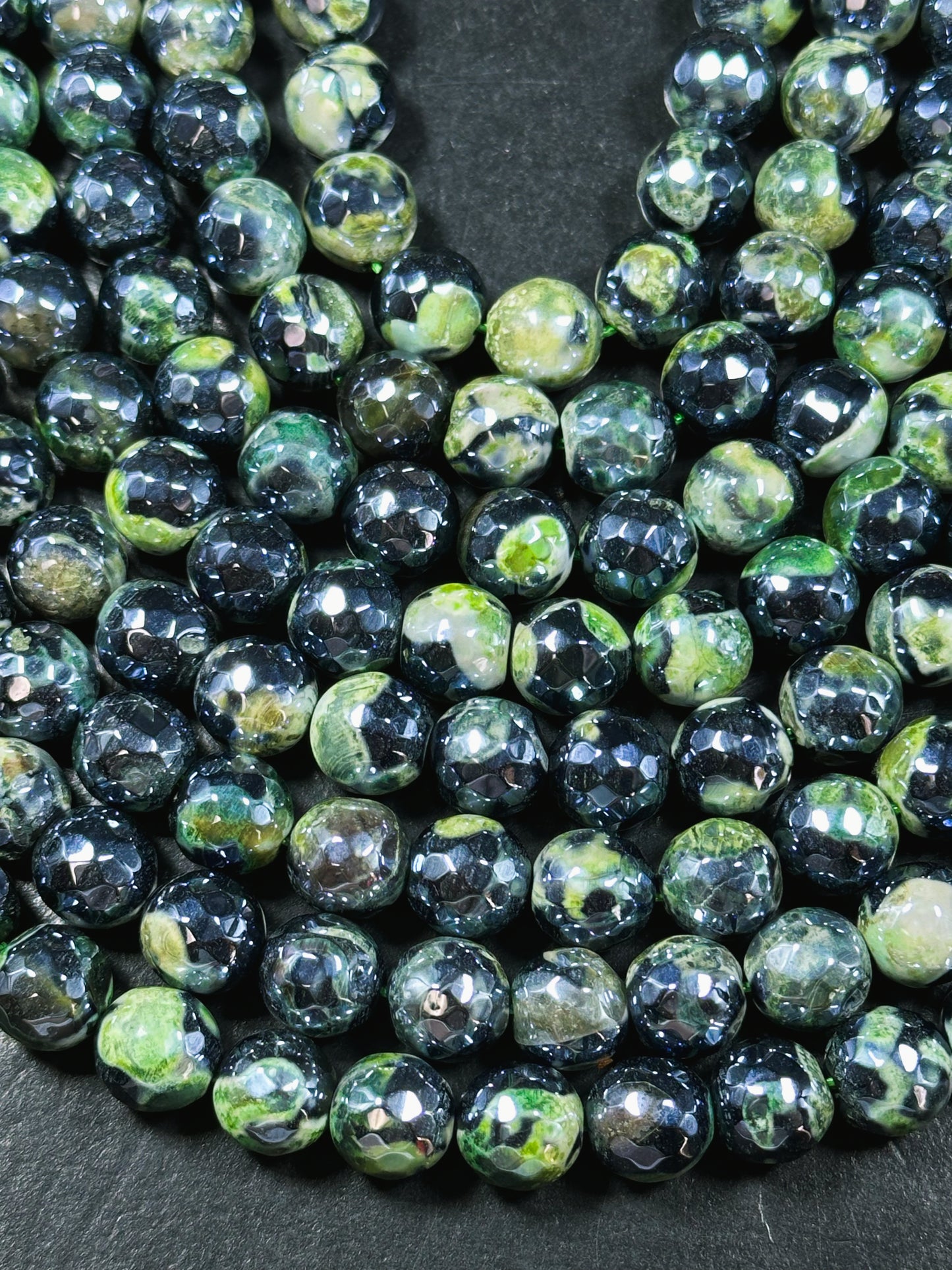 Mystic Natural Tibetan Agate Gemstone Bead Faceted 8mm 10mm Round Beads, Beautiful Mystic Green Black Agate Stone Beads, Full Strand 15.5"