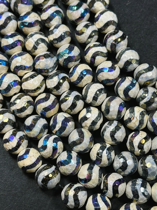Mystic Natural Galaxy Tibetan Gemstone Bead Faceted 6mm 8mm 10mm 12mm Round Beads, Gorgeous Galaxy Purple Color Wave/Wavy Line Design Tibetan Beads 15.5" Strand