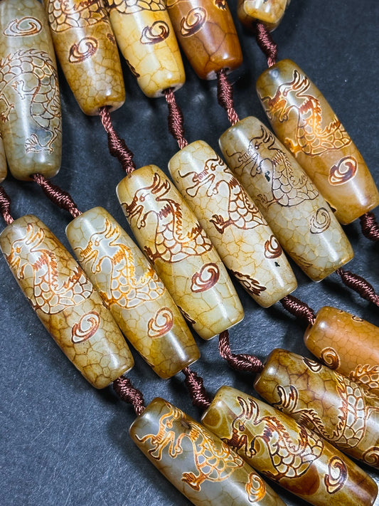 Natural Hand Carved Tibetan Gemstone Bead 40x13mm Barrel Shape Bead, Beautiful Unique Hand Carved Dragon Design Tibetan Agate, 15.5" Strand