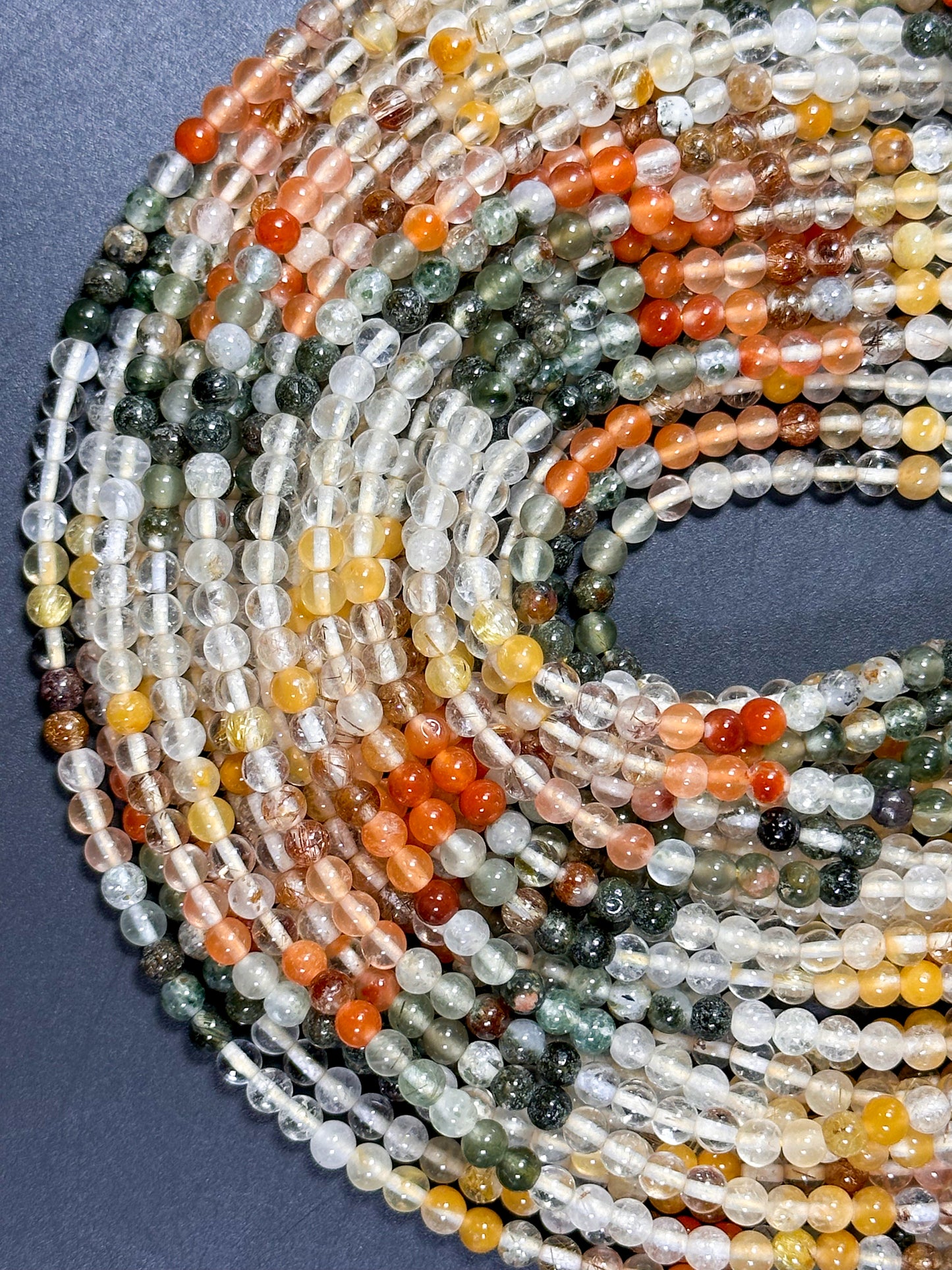 Natural Multi Rutilated Quartz Gemstone Bead 4mm Round Beads, Beautiful Multicolor Clear Yellow Orange Green Rutilated Quartz Beads 15.5"