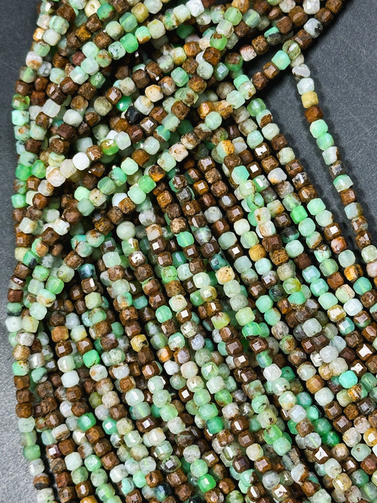 NATURAL Chrysoprase Gemstone Bead Faceted 3mm Cube Shape, Beautiful Natural Green Brown Color Chrysoprase Gemstone Beads Full Strand 15.5"