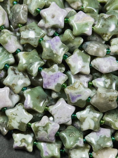 Natural Green Flower Agate Gemstone Bead 15mm Star Shape, Gorgeous Green Purple Beige Flower Agate Beads, Great Quality Full Strand 15.5"
