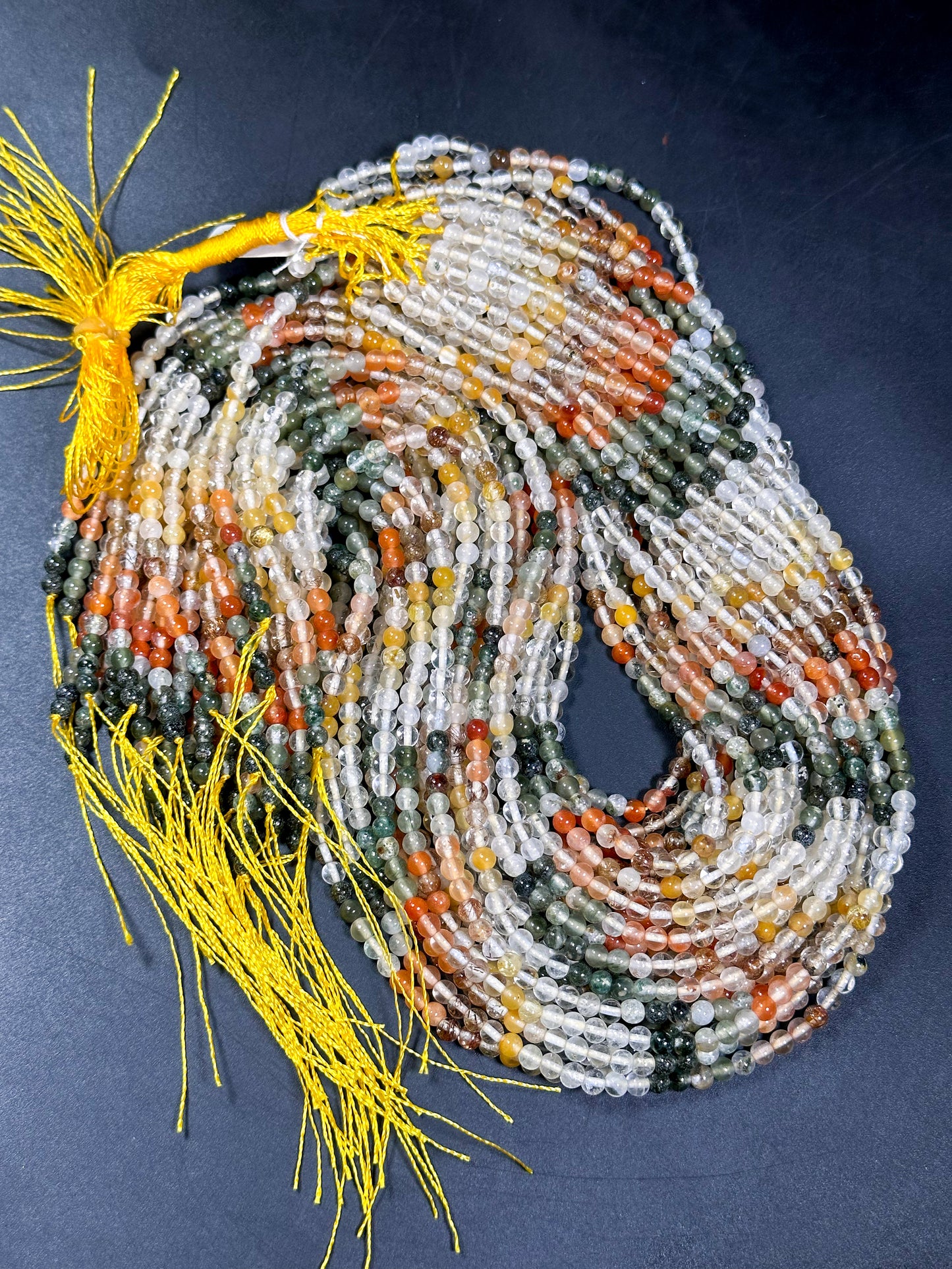 Natural Multi Rutilated Quartz Gemstone Bead 4mm Round Beads, Beautiful Multicolor Clear Yellow Orange Green Rutilated Quartz Beads 15.5"