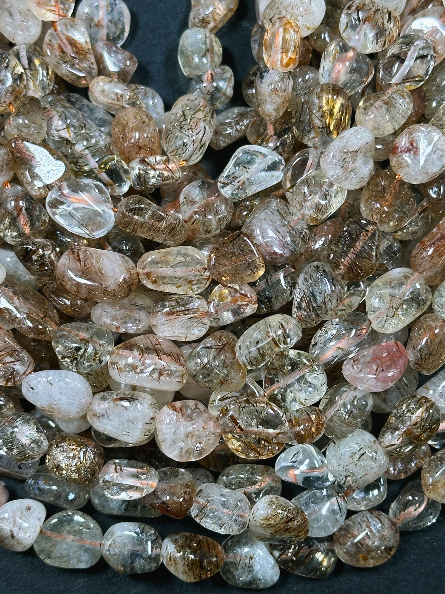 Natural Rutilated Quartz Gemstone Bead 8-12mm Freeform Pebble Shape, Gorgeous Natural Color Rutilated Quartz, Excellent Quality 15.5" Strand