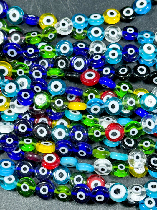 Beautiful Evil Eye Glass Beads 6mm 10mm Flat Coin Shape, Beautiful Multicolor Rainbow Evil Eye Glass Beads, Religious Amulet Prayer Beads