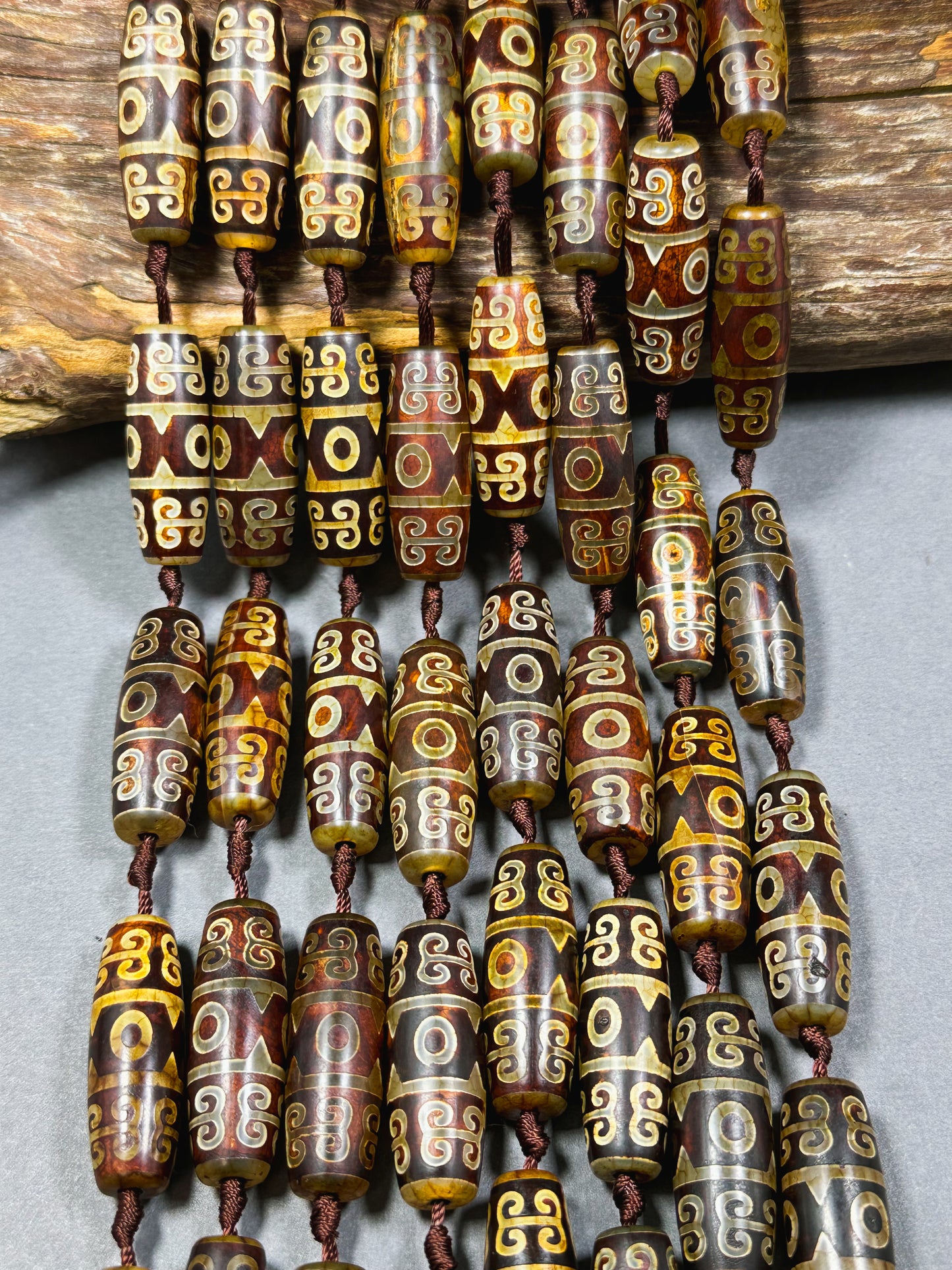 Natural Tibetan Gemstone Bead 39x13mm Barrel Shape Bead, Beautiful Brown Hand Painted Design Tibetan Beads, Great Quality Full Strand 15.5"