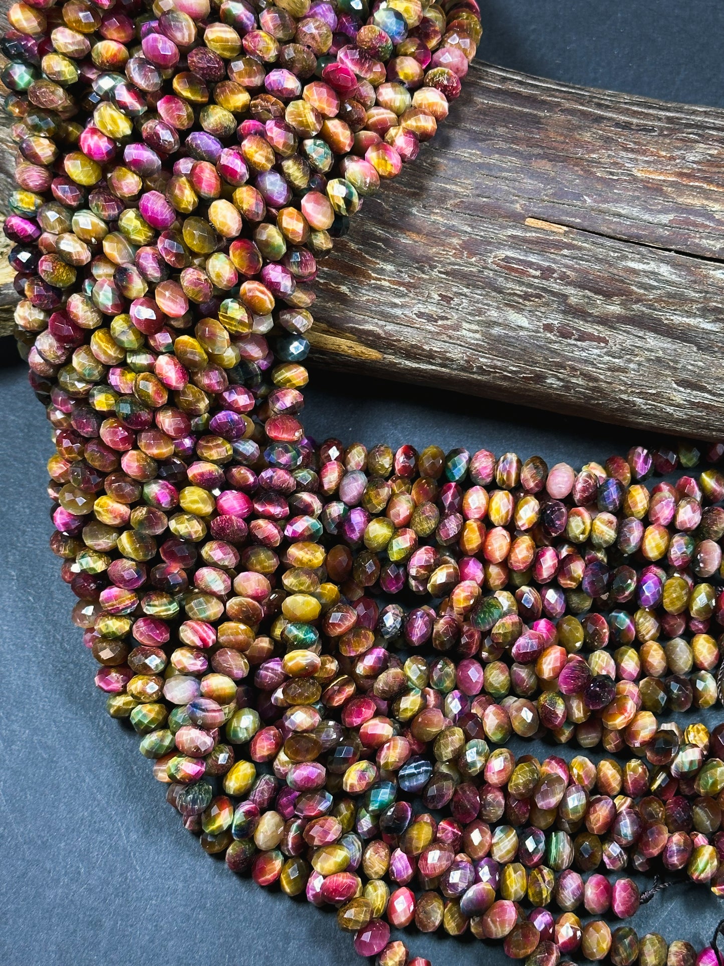 Natural Galaxy Tiger Eye Gemstone Bead Faceted 8x5mm Rondelle Shape, Gorgeous Multicolor Pink Golden Brown Color Tiger Eye Full Strand 15.5"