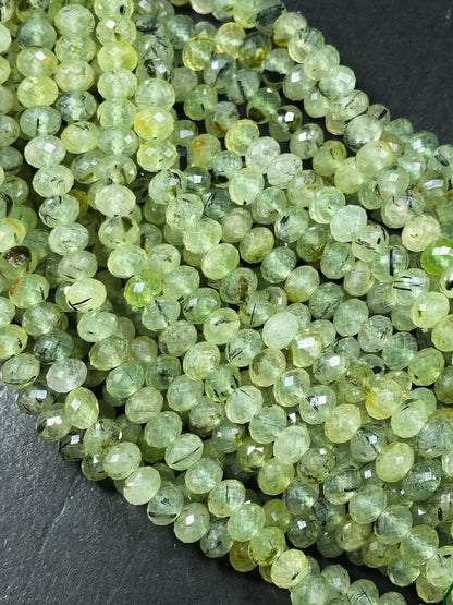AAA Natural Prehnite Gemstone Bead Faceted 7x5mm Rondelle Shape, Natural Green Prehnite with Black Inclusions, Excellent Quality Full Strand 15.5"