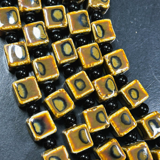 Beautiful Hand Painted Porcelain Beads, 14mm Unique Hand Painted Porcelain Cube Shape Beads, Gorgeous Brown Color Porcelain Bead 8"