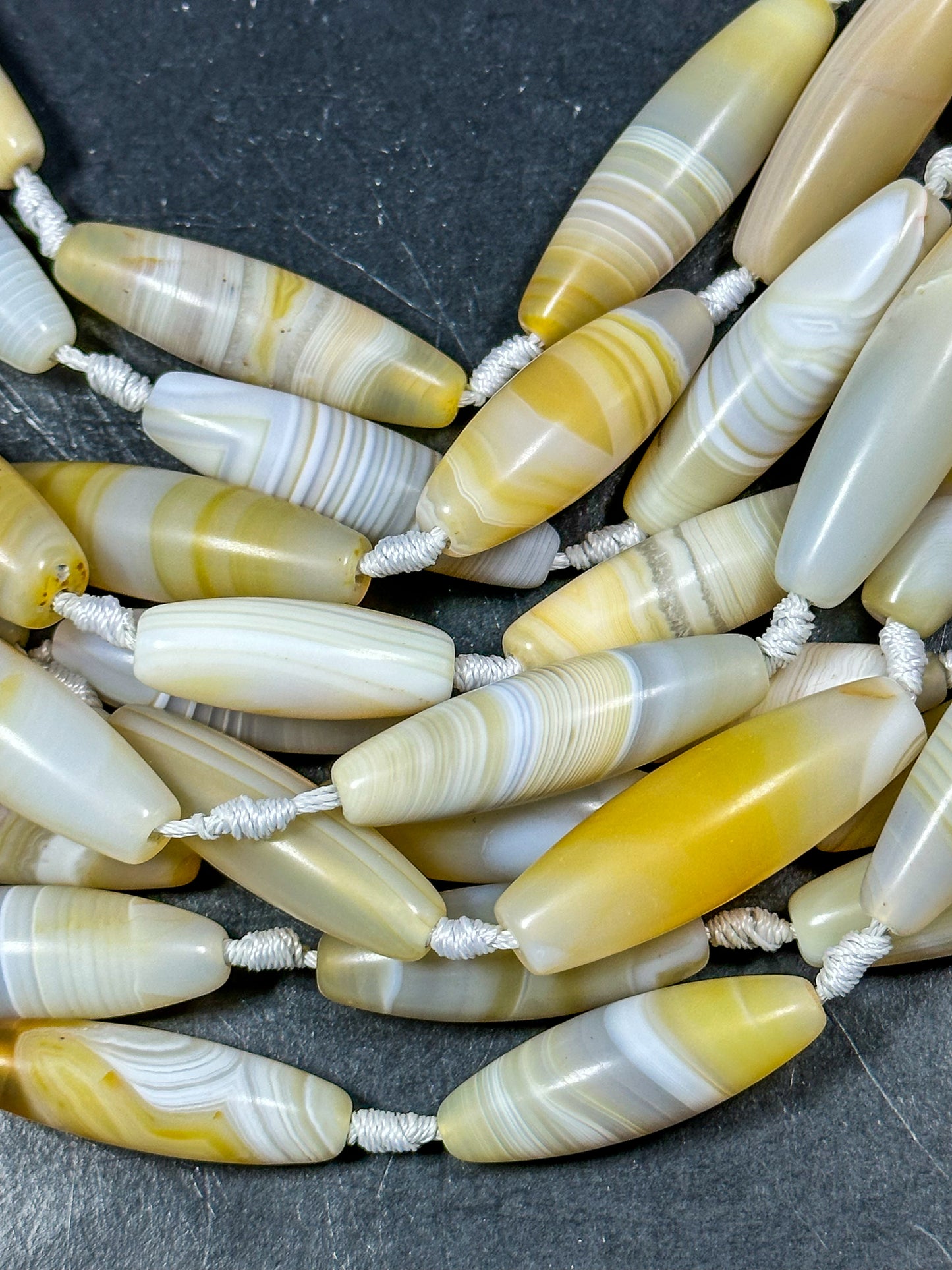 NATURAL Botswana Agate Gemstone Bead 38x12mm to 45x13mm Barrel Shape Beads, Beautiful White Yellow Color Botswana Beads Full Strand 15.5"
