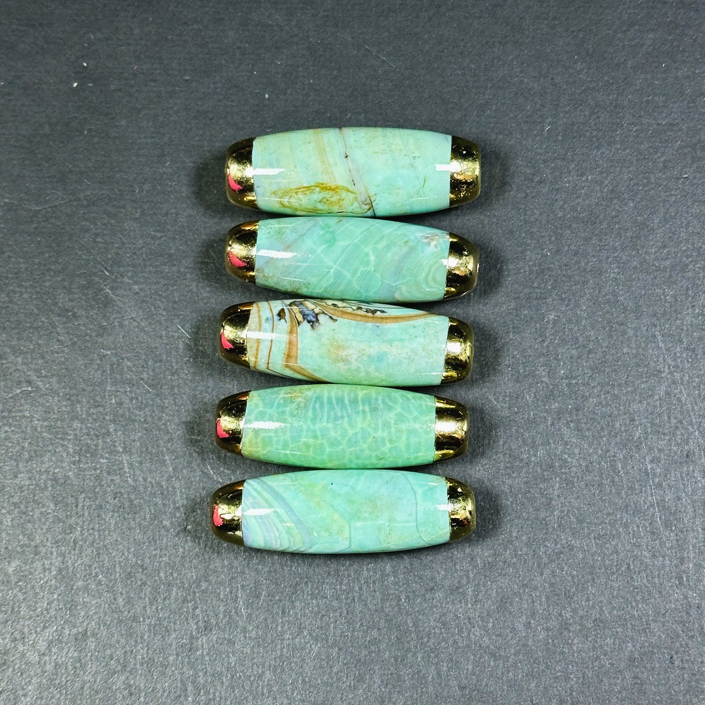 Natural Dragon Skin Agate Gemstone 41x14mm Barrel Shape Bead, Gorgeous Seafoam Green Color Stone Beads, Gold Filled Edges, Loose Focal Beads