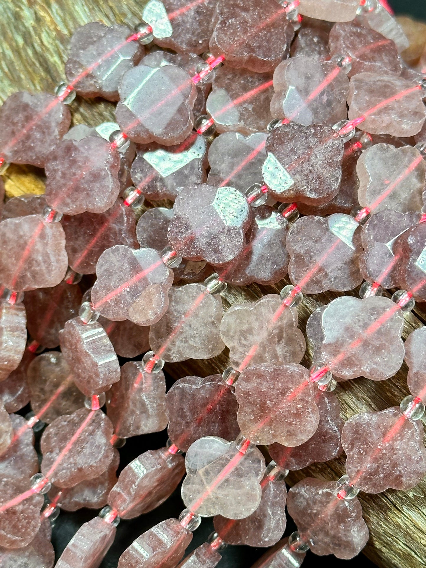 NATURAL Strawberry Quartz Gemstone Bead Faceted 16mm Clover Flower Shape Bead, Beautiful Red Pink Color Gemstone Beads Full Strand 15.5"
