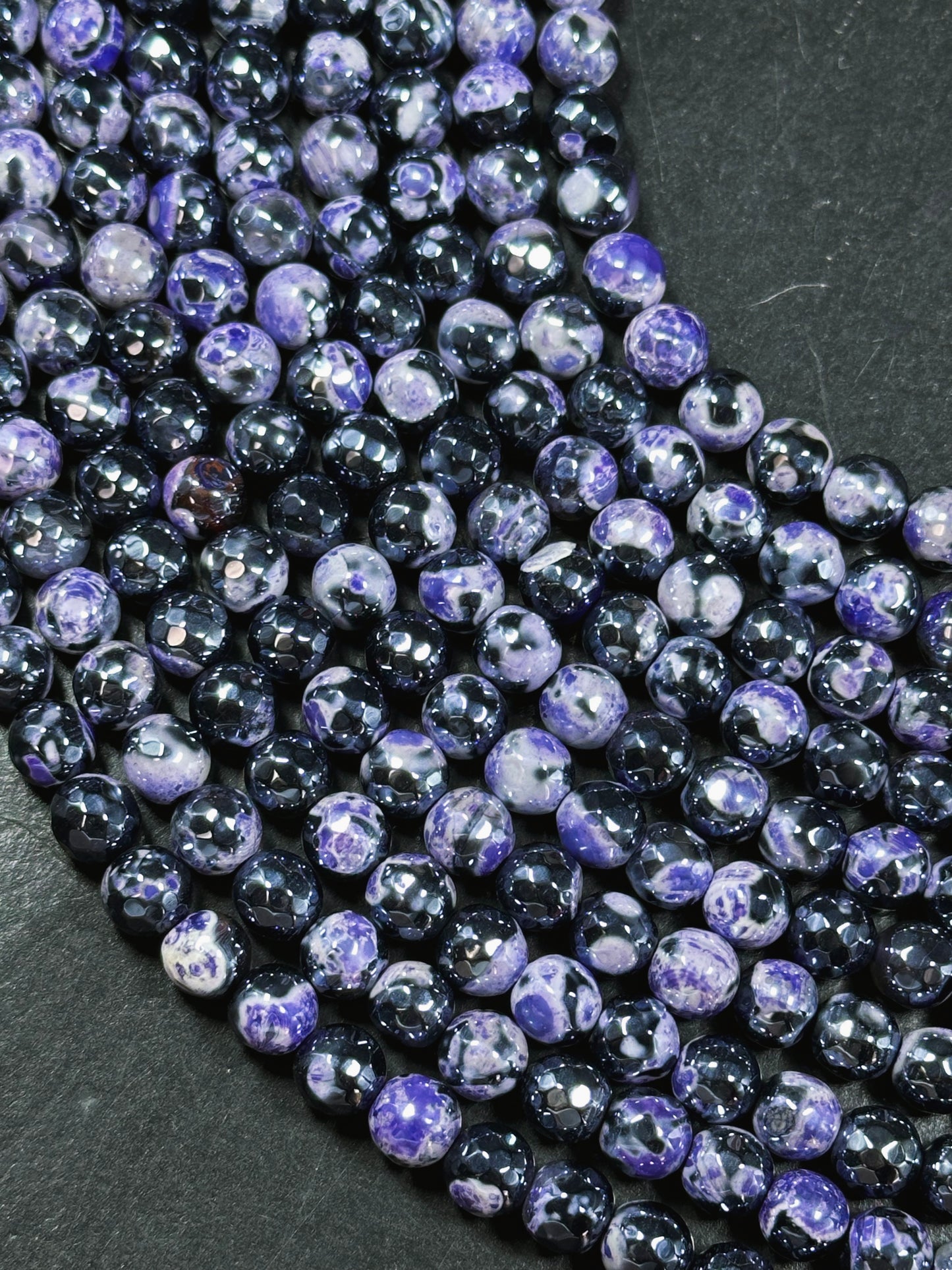 Mystic Natural Tibetan Agate Gemstone Bead Faceted 8mm 10mm Round Beads, Beautiful Mystic Purple Black Agate Stone Beads, Full Strand 15.5"