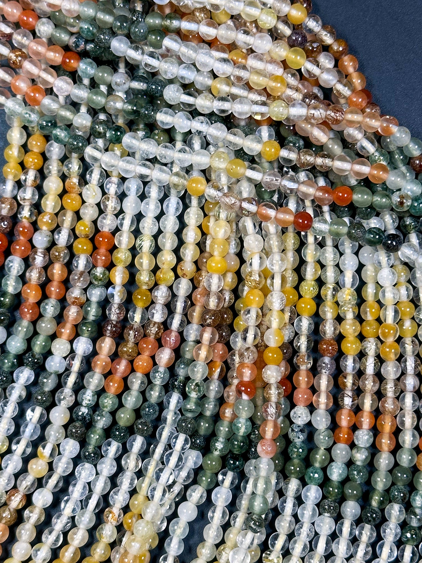Natural Multi Rutilated Quartz Gemstone Bead 4mm Round Beads, Beautiful Multicolor Clear Yellow Orange Green Rutilated Quartz Beads 15.5"