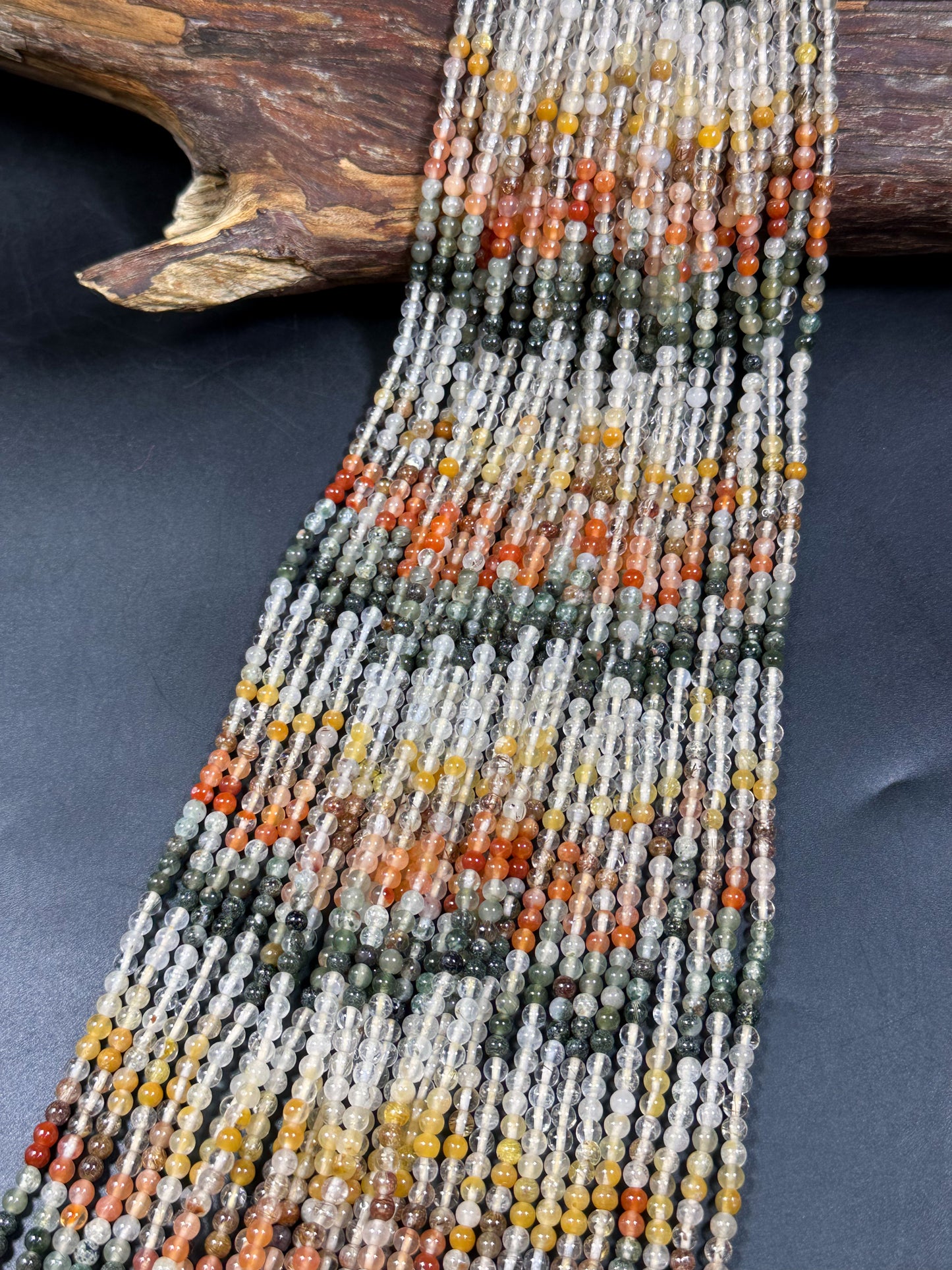 Natural Multi Rutilated Quartz Gemstone Bead 4mm Round Beads, Beautiful Multicolor Clear Yellow Orange Green Rutilated Quartz Beads 15.5"
