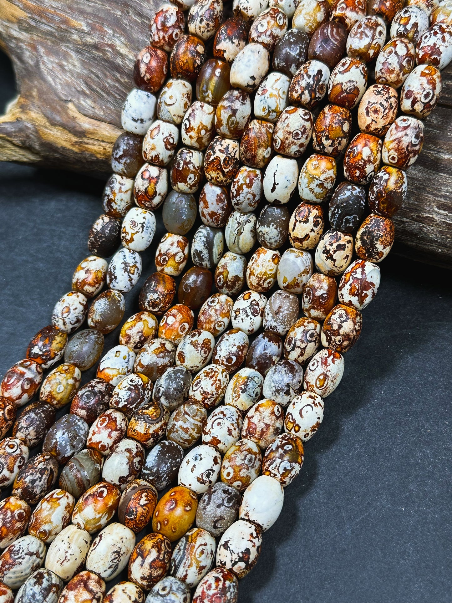 AAA Natural Tibetan Gemstone Bead 13x10mm Barrel Shape, Beautiful Orange Brown Hand Painted Tibetan Stone Bead, Excellent Quality 14" Strand