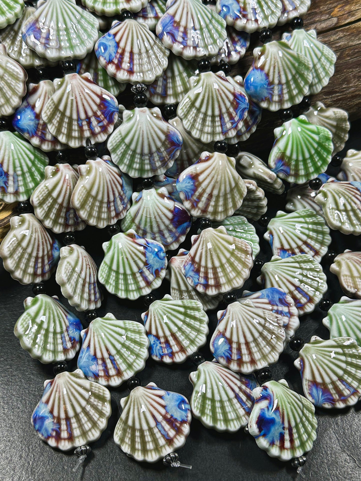 Beautiful Hand Painted Porcelain Beads, 31x28mm Unique Hand Painted Porcelain Scallop Shape Beads, Gorgeous Multicolor Porcelain Bead 9"