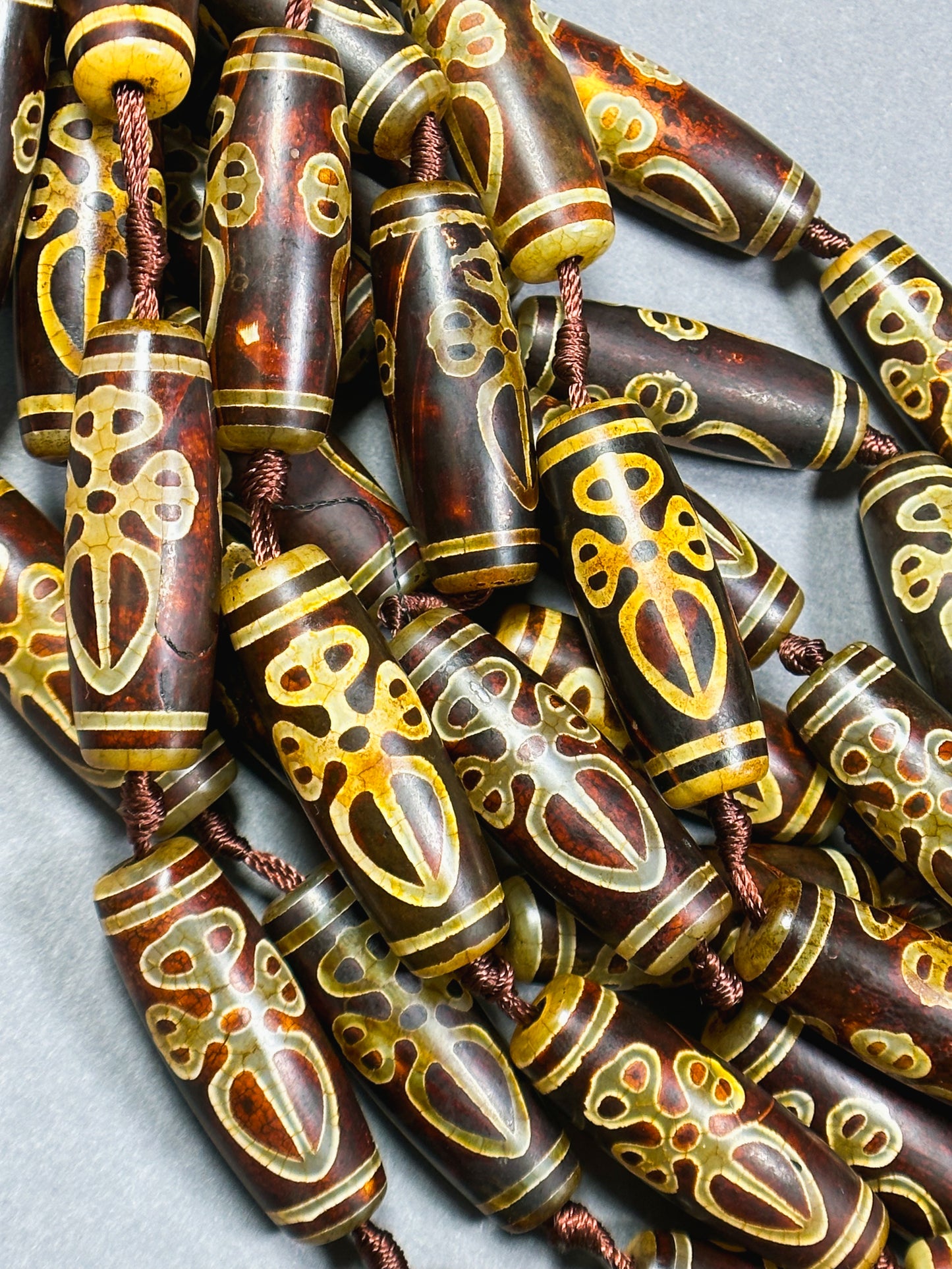 Natural Tibetan Gemstone Bead 39x14mm Barrel Shape Bead, Beautiful Brown Hand Painted Design Tibetan Beads, Great Quality Full Strand 15.5"