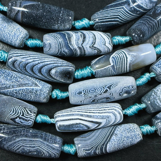 Natural Matte Botswana Agate Gemstone Bead 29x10mm Barrel Shape Bead, Beautiful Icy Matte Gray Blue Color Botswana Agate Bead 15.5" Strand