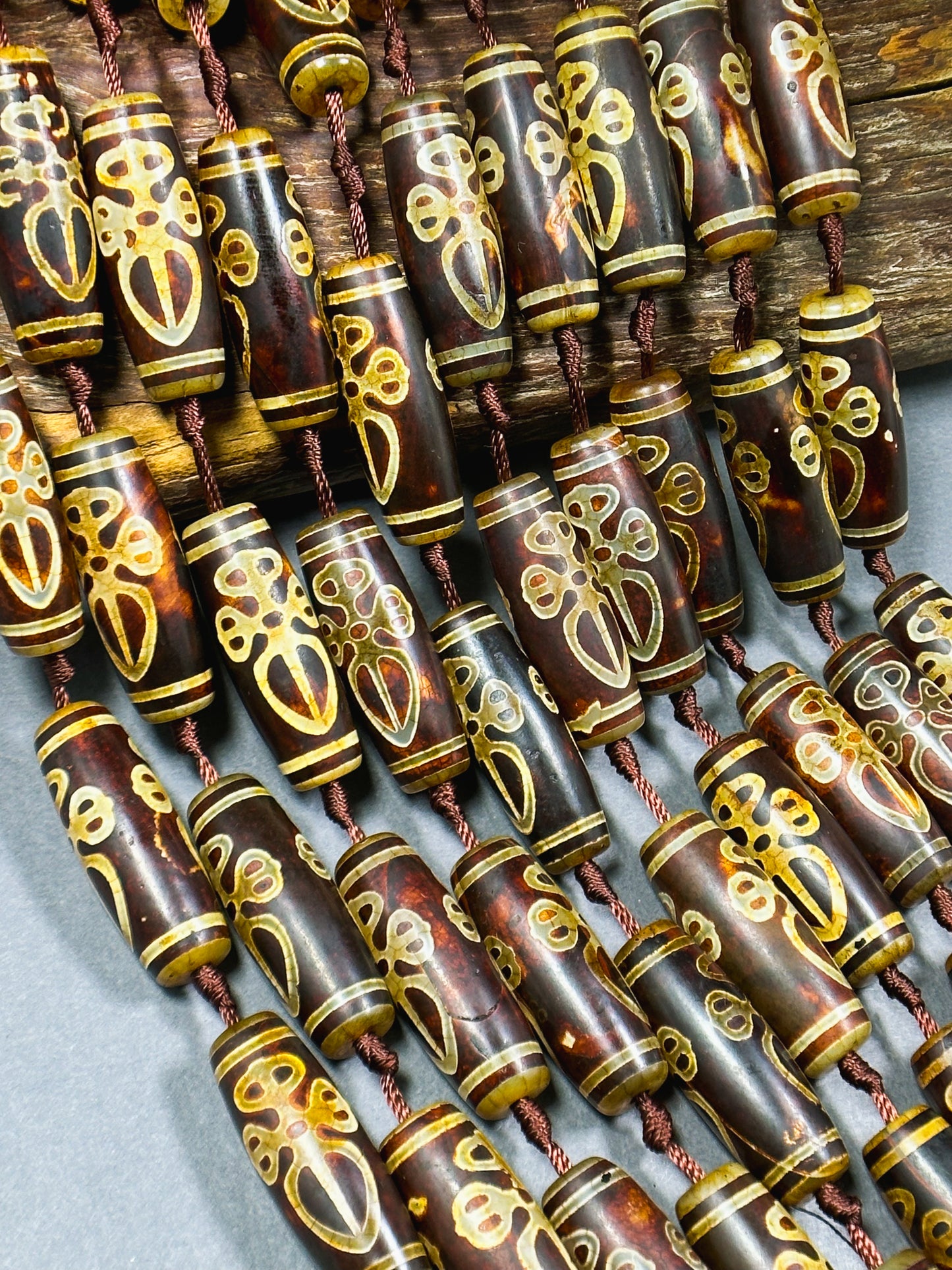 Natural Tibetan Gemstone Bead 39x14mm Barrel Shape Bead, Beautiful Brown Hand Painted Design Tibetan Beads, Great Quality Full Strand 15.5"