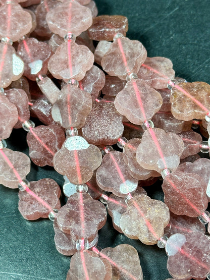 NATURAL Strawberry Quartz Gemstone Bead Faceted 16mm Clover Flower Shape Bead, Beautiful Red Pink Color Gemstone Beads Full Strand 15.5"