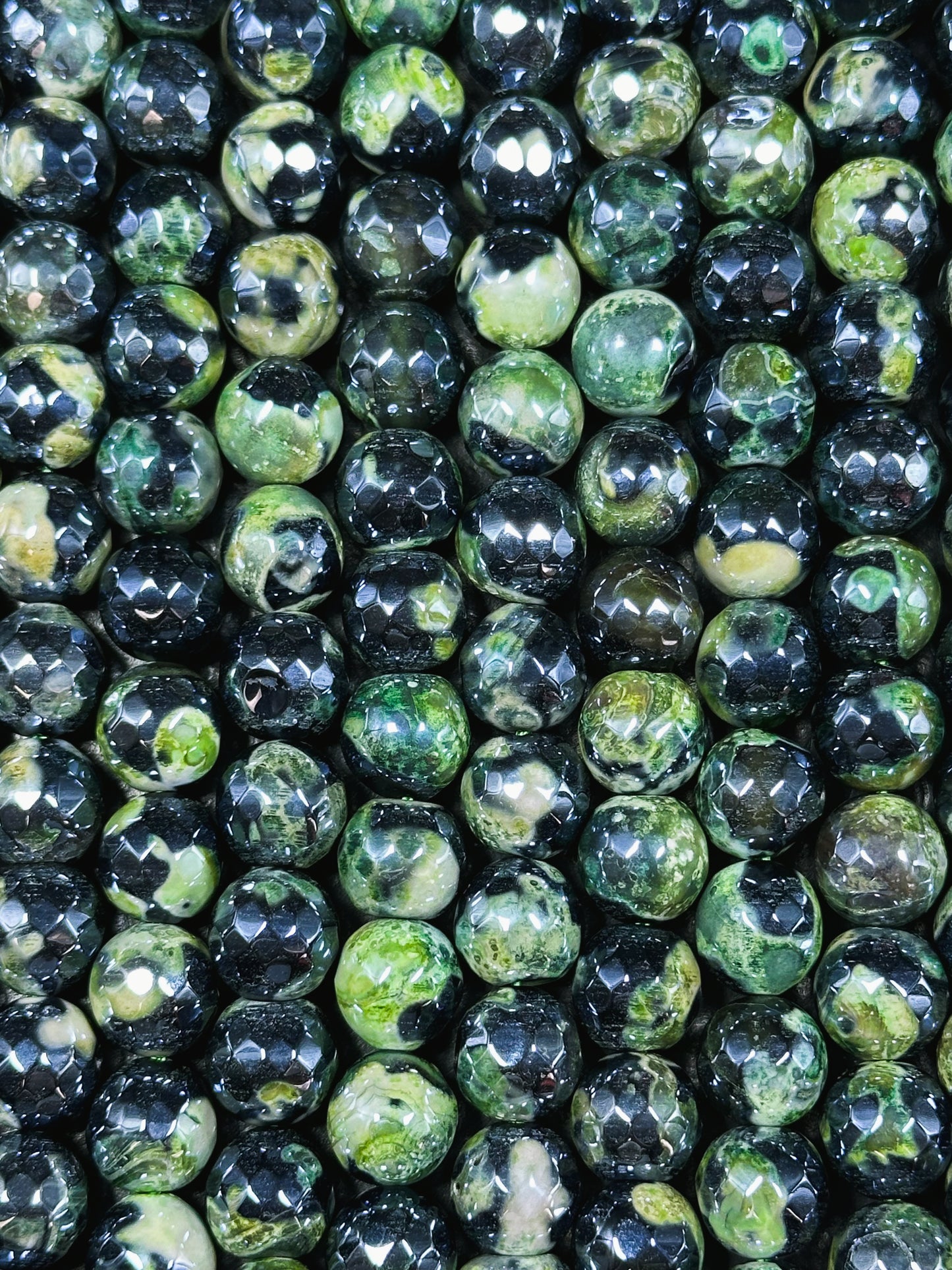 Mystic Natural Tibetan Agate Gemstone Bead Faceted 8mm 10mm Round Beads, Beautiful Mystic Green Black Agate Stone Beads, Full Strand 15.5"