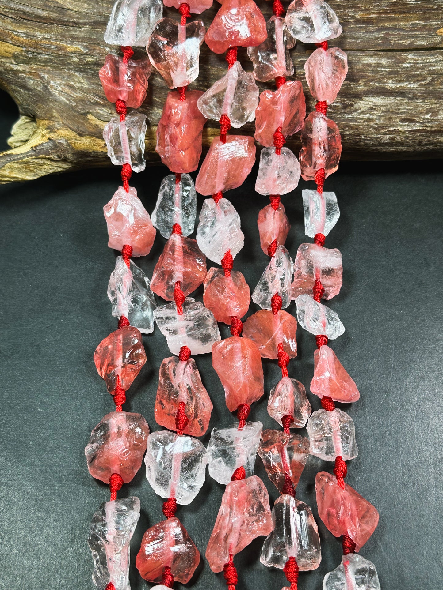Natural Raw Watermelon Quartz Gemstone Bead Freeform Nugget Bead, Beautiful Watermelon Red Clear Color Rough Raw Quartz Bead, 15.5" Strand