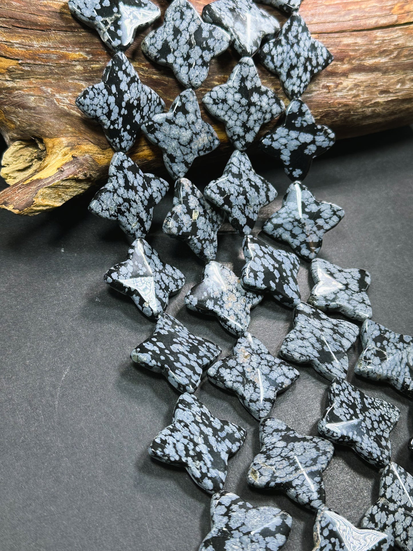 Natural Snowflake Obsidian Gemstone Bead 35mm Star Shape Bead, Natural Black Gray Color Snowflake Obsidian Beads, Full Strand 15.5"