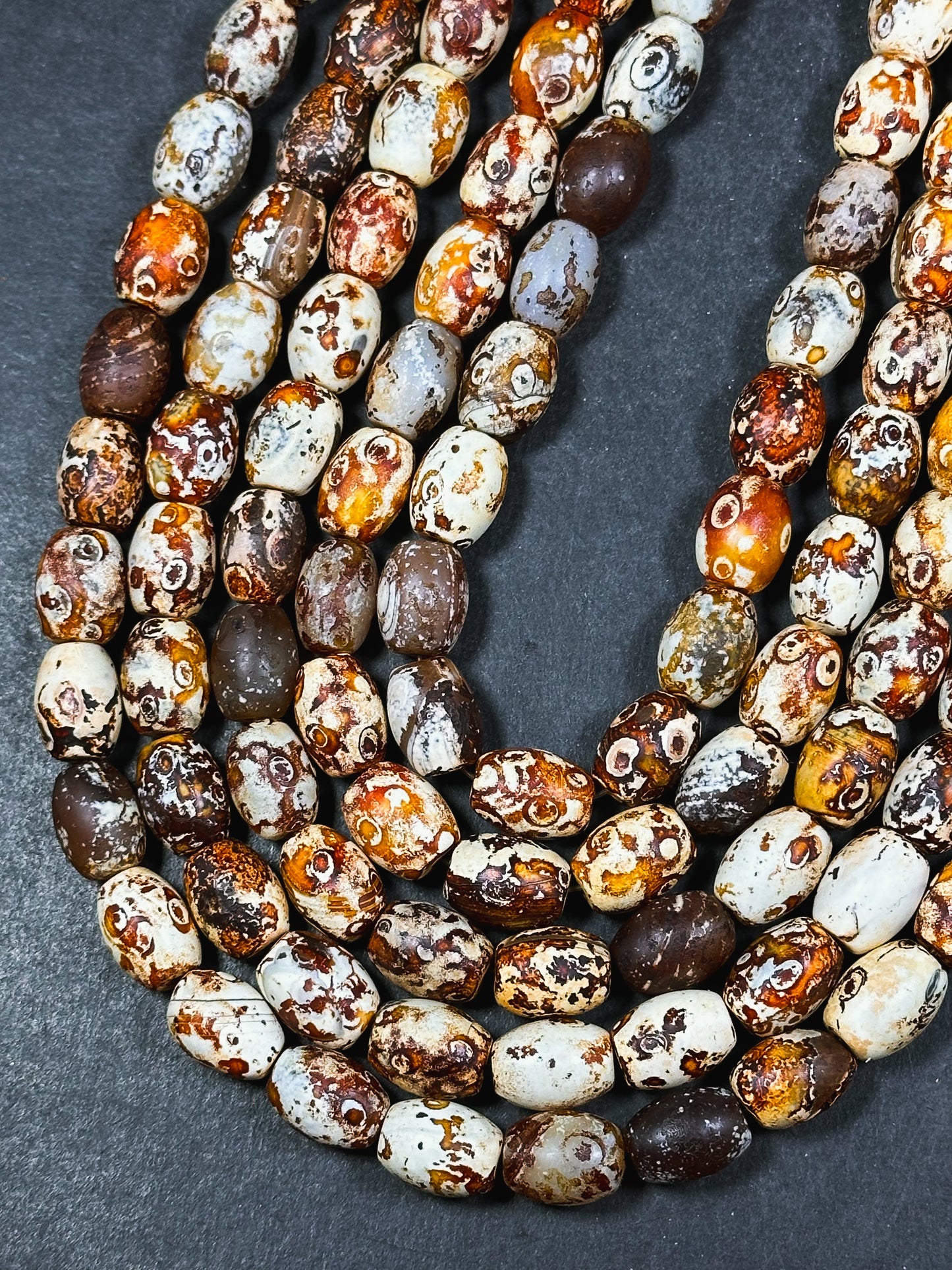 AAA Natural Tibetan Gemstone Bead 13x10mm Barrel Shape, Beautiful Orange Brown Hand Painted Tibetan Stone Bead, Excellent Quality 14" Strand