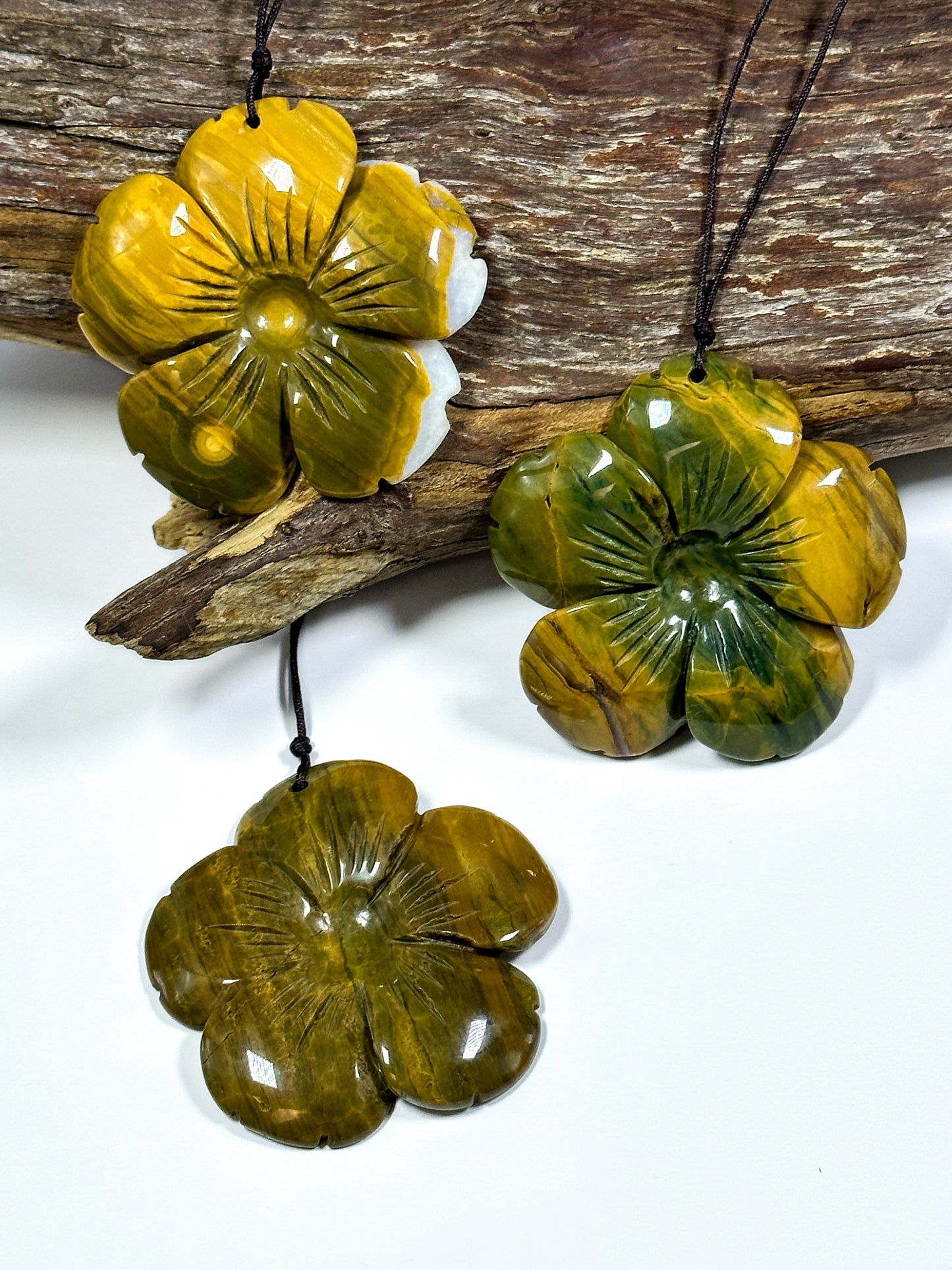 Hand Carved Natural Ocean Jasper Gemstone Pendant 53mm Flower Shape, Beautiful Green White Yellow Color Hand Carved Ocean Jasper Pendant