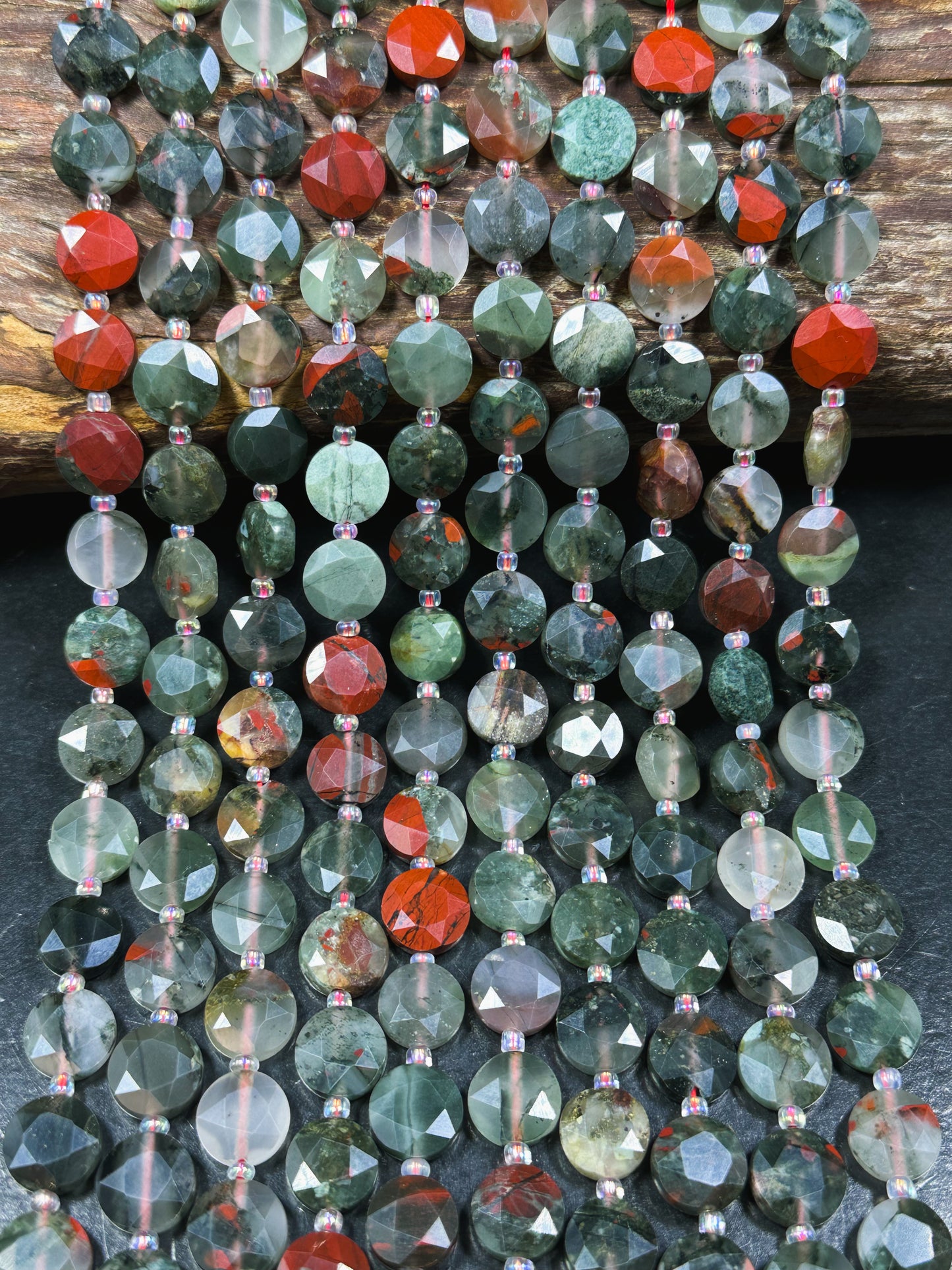 Natural African Bloodstone Gemstone Bead Faceted 10mm Coin Shape, Beautiful Natural Red Gray Green Color Bloodstone Bead, Full Strand 15.5"