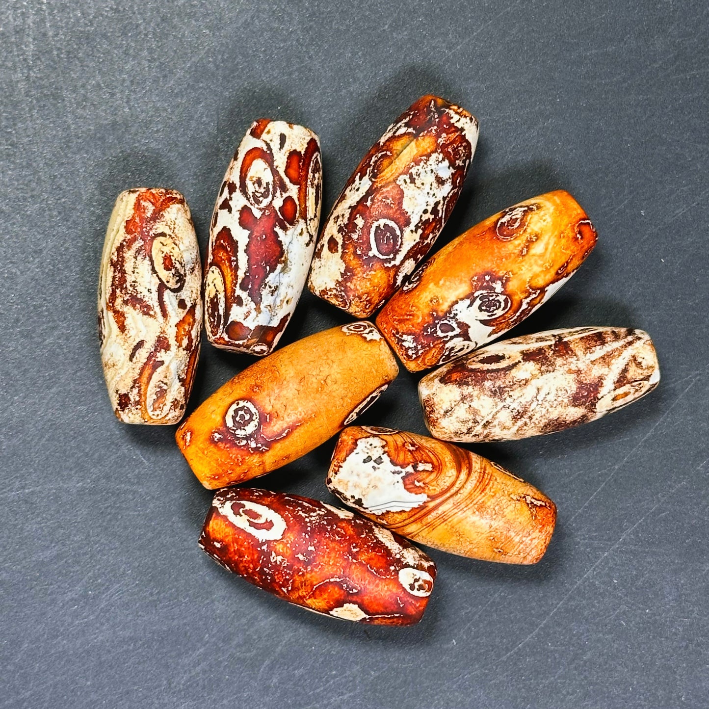 AAA Hand Painted Tibetan Gemstone Bead 29x13mm Barrel Shape Bead, Beautiful Orange Beige Color Unique Design Tibetan Agate LOOSE BEADS