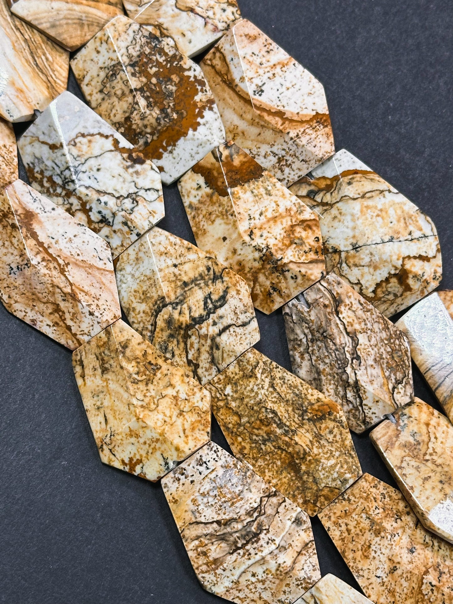 Natural Picture Jasper Gemstone Bead 28x19mm Coffin Shape Bead, Beautiful Natural Brown Beige Color Picture Jasper Bead, Full Strand 15.5"