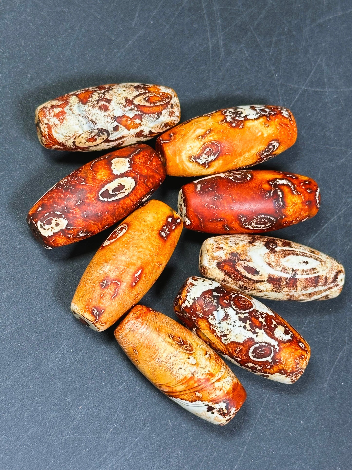AAA Hand Painted Tibetan Gemstone Bead 29x13mm Barrel Shape Bead, Beautiful Orange Beige Color Unique Design Tibetan Agate LOOSE BEADS