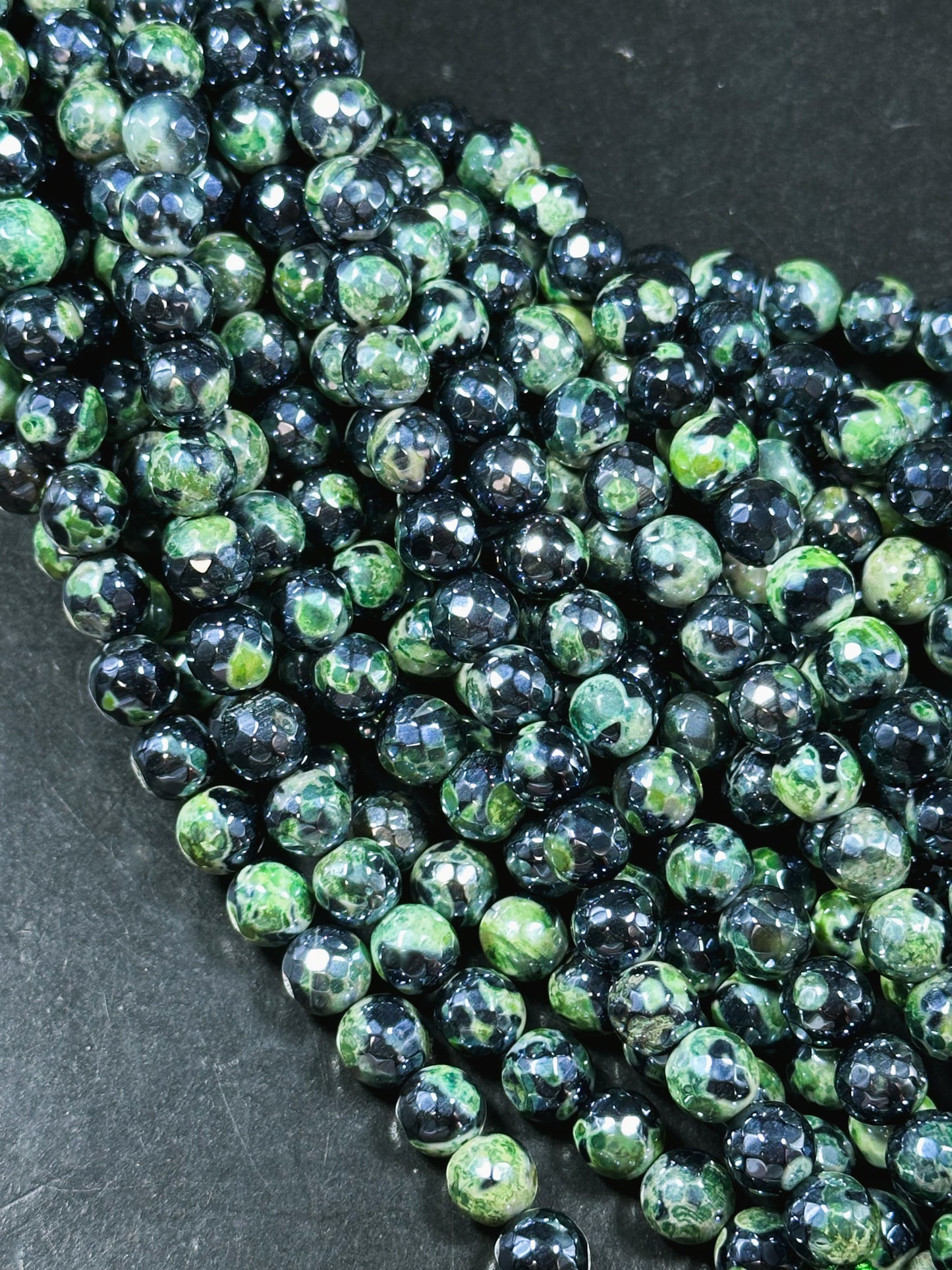 Mystic Natural Tibetan Agate Gemstone Bead Faceted 8mm 10mm Round Beads, Beautiful Mystic Green Black Agate Stone Beads, Full Strand 15.5"