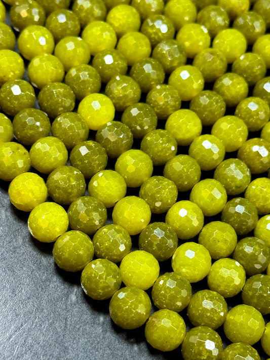 Beautiful Natural Lemon Jade Gemstone Bead, Faceted 6mm 8mm 10mm Round Bead, Gorgeous Natural Dark Lemon Green Color Natural Jade Gemstone Bead