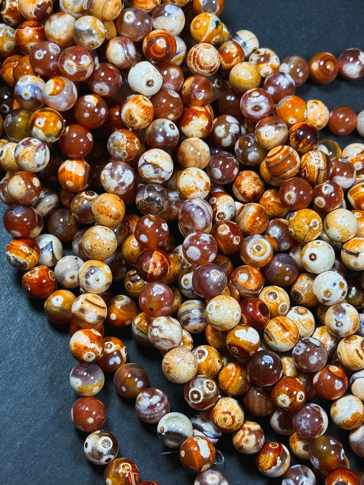 Natural Eye Agate Gemstone Bead 8mm 10mm Round Beads, Gorgeous Orange Red Beige Color Agate Gemstone Beads, Excellent Quality Full Strand 15.5"