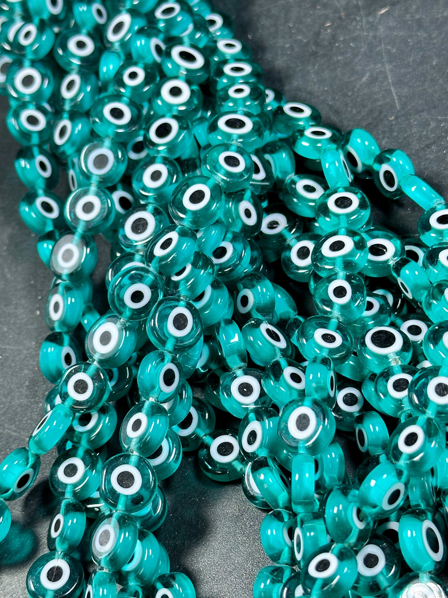 Beautiful Evil Eye Glass Beads 6mm 8mm 10mm Flat Coin Shape, Beautiful Turquoise Green Color Evil Eye Glass Beads, Religious Amulet Prayer Beads