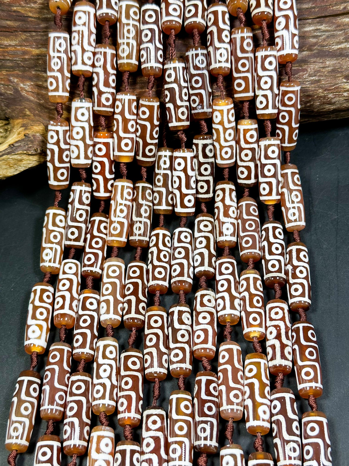 Natural Hand Painted Tibetan Gemstone Bead 30x10mm Tube Shape, Beautiful Brown White Color Tibetan Gemstone Bead Full Strand 15.5"