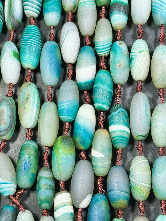 AAA Natural Matte Botswana Agate Gemstone Bead 28x13mm Barrel Shape, Gorgeous Turquoise Green Color Excellent Quality Bead Full Strand 15.5"