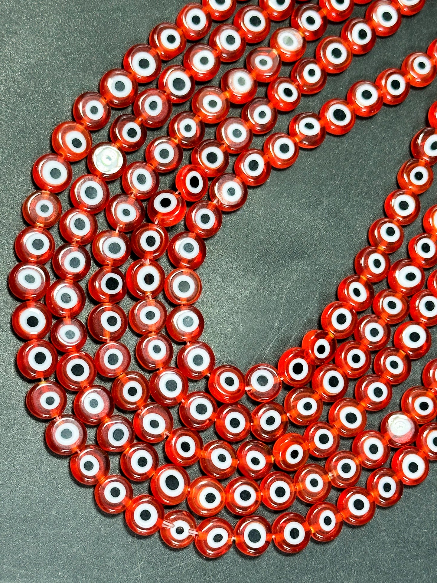 Beautiful Evil Eye Glass Beads 8mm Flat Coin Shape, Beautiful Red Orange Color Evil Eye Beads, Religious Amulet Prayer Beads, Great Quality