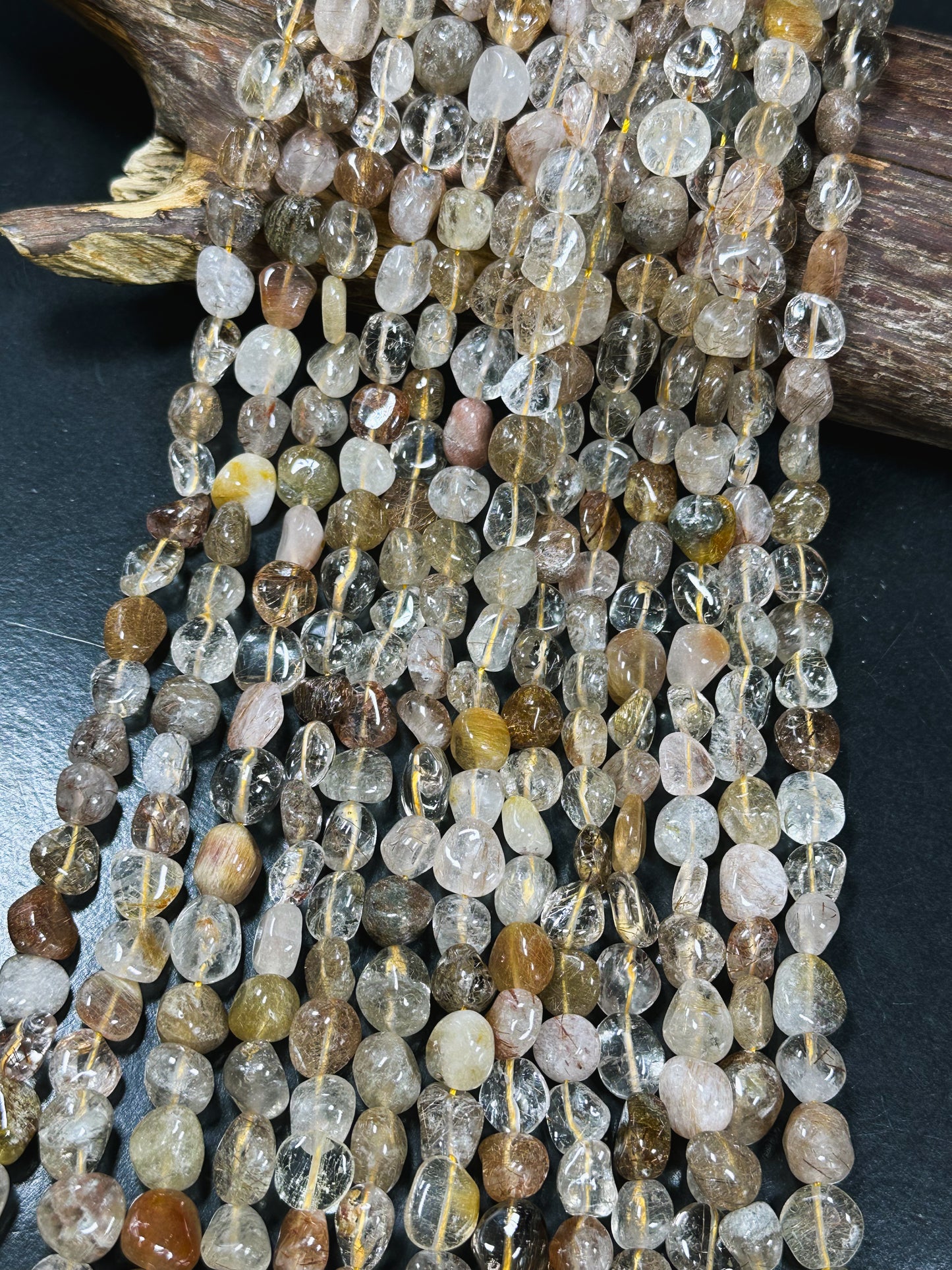 Natural Rutilated Quartz Gemstone Bead 10-13mm Freeform Pebble Shape, Gorgeous Natural Color Rutilated Quartz Excellent Quality 15.5" Strand