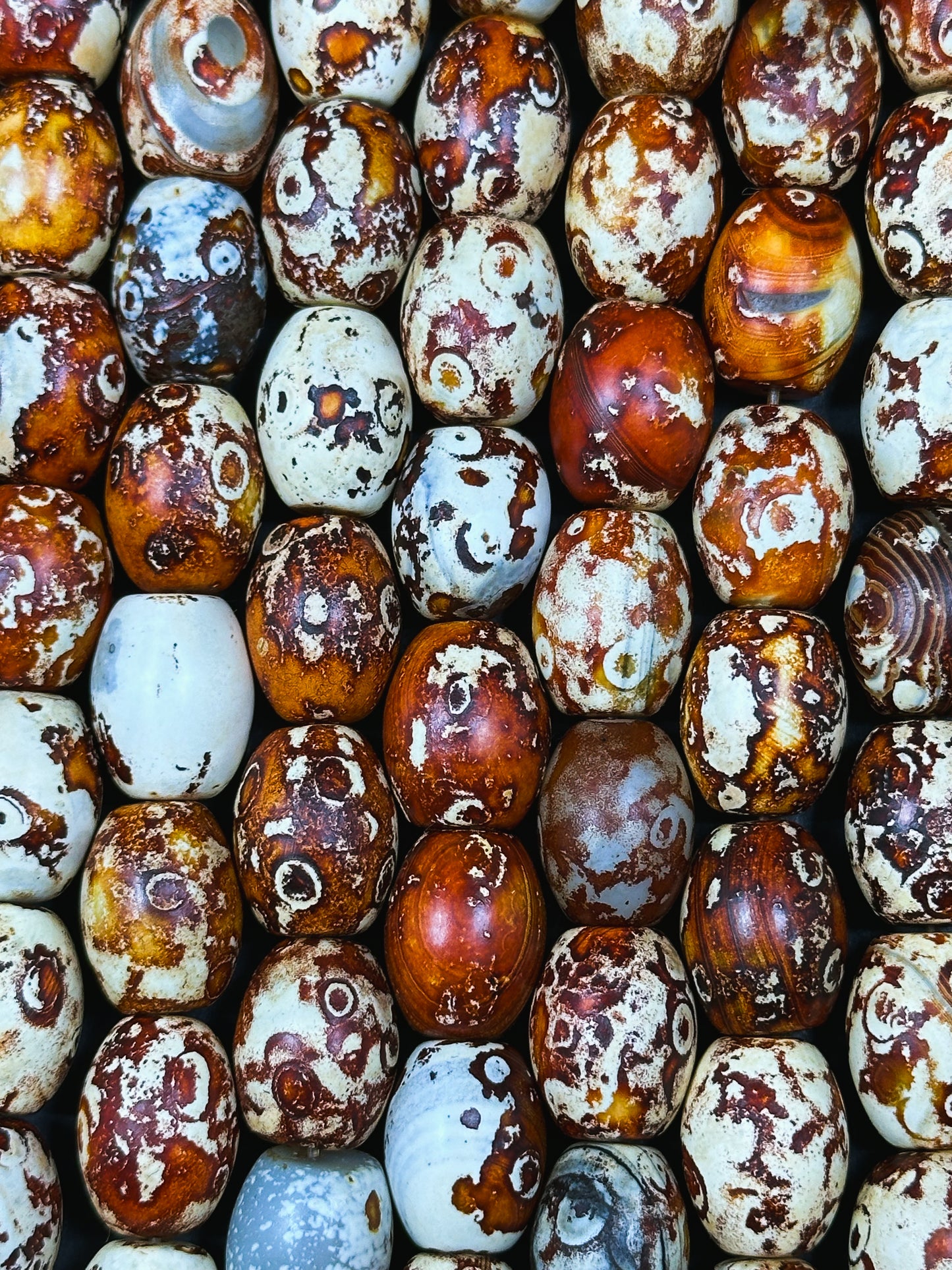 AAA Natural Tibetan Gemstone Bead 12x16mm Barrel Shape, Beautiful Orange Brown Hand Painted Tibetan Stone Bead, Excellent Quality 14" Strand