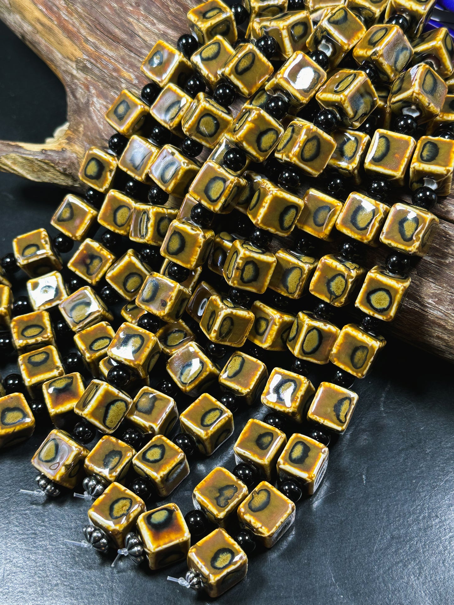 Beautiful Hand Painted Porcelain Beads, 14mm Unique Hand Painted Porcelain Cube Shape Beads, Gorgeous Brown Color Porcelain Bead 8"