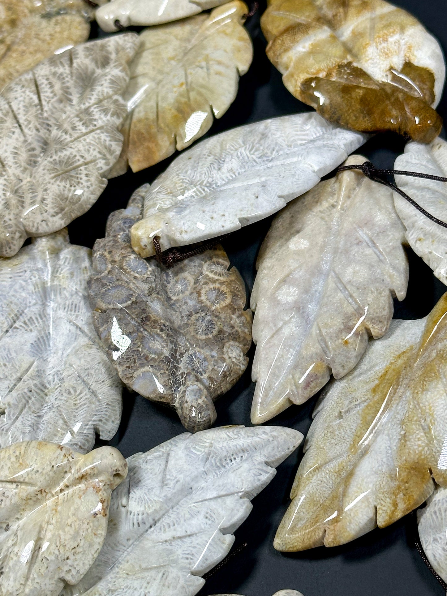 NATURAL Beautiful Hand Carved Fossil Coral Gemstone Pendant 58x32mm Leaf Shape, Gorgeous Gray Beige Color Fossil Coral Pendant