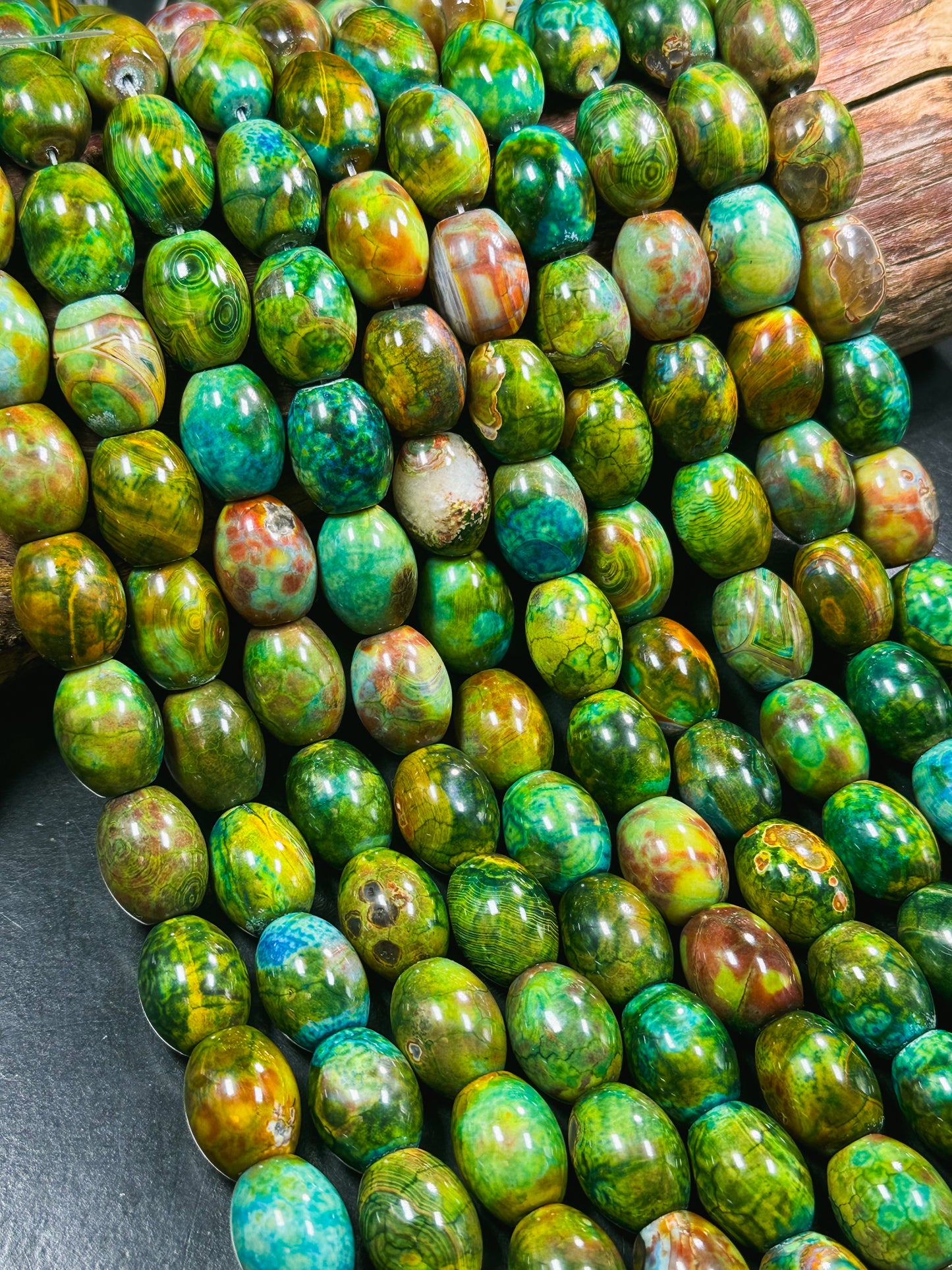 Natural Tibetan Gemstone Bead 19x15mm Barrel Shape, Gorgeous Multicolor Green Blue Tibetan Gemstone Beads, Excellent Quality Full Strand 13"