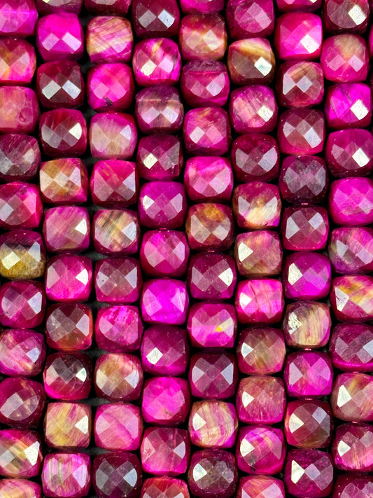 NATURAL Pink Tiger Eye Gemstone Bead, Faceted 5mm 7mm Cube Shape Beads. Gorgeous Pink Fuchsia Color Tiger Eye Gemstone Beads, Full Strand 15.5"