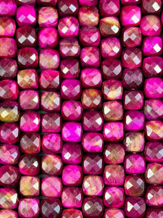 NATURAL Pink Tiger Eye Gemstone Bead, Faceted 5mm 7mm Cube Shape Beads. Gorgeous Pink Fuchsia Color Tiger Eye Gemstone Beads, Full Strand 15.5"