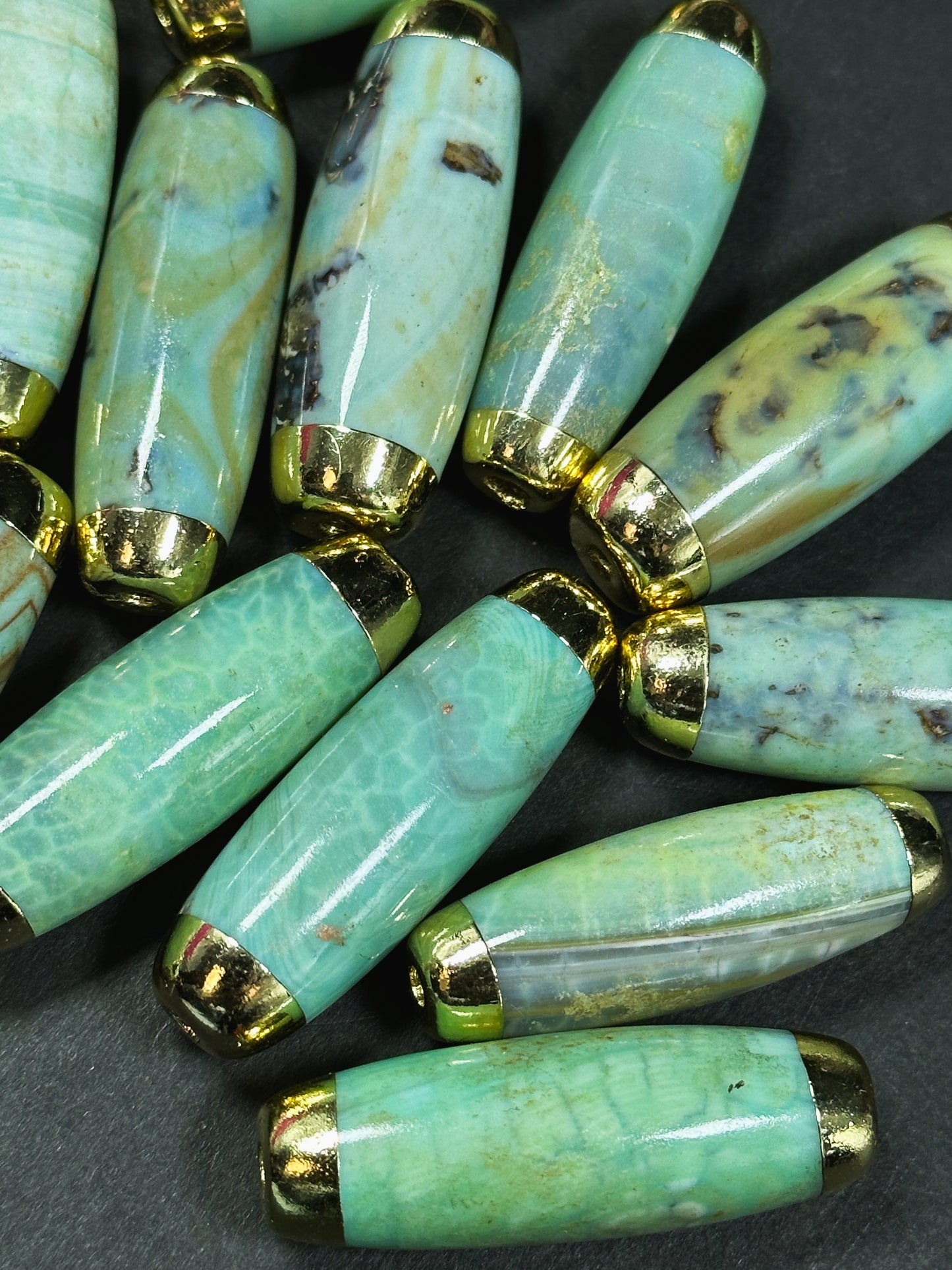 Natural Dragon Skin Agate Gemstone 41x14mm Barrel Shape Bead, Gorgeous Seafoam Green Color Stone Beads, Gold Filled Edges, Loose Focal Beads