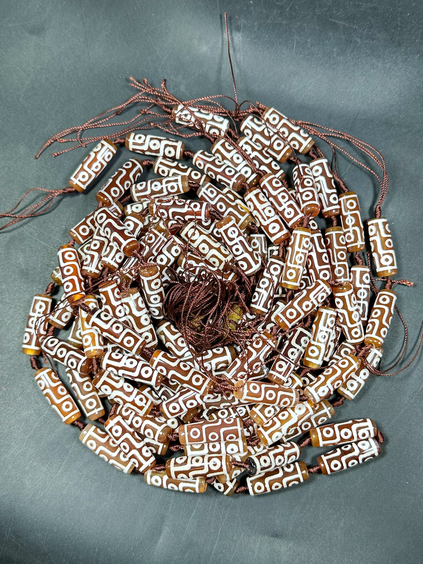 Natural Hand Painted Tibetan Gemstone Bead 30x10mm Tube Shape, Beautiful Brown White Color Tibetan Gemstone Bead Full Strand 15.5"